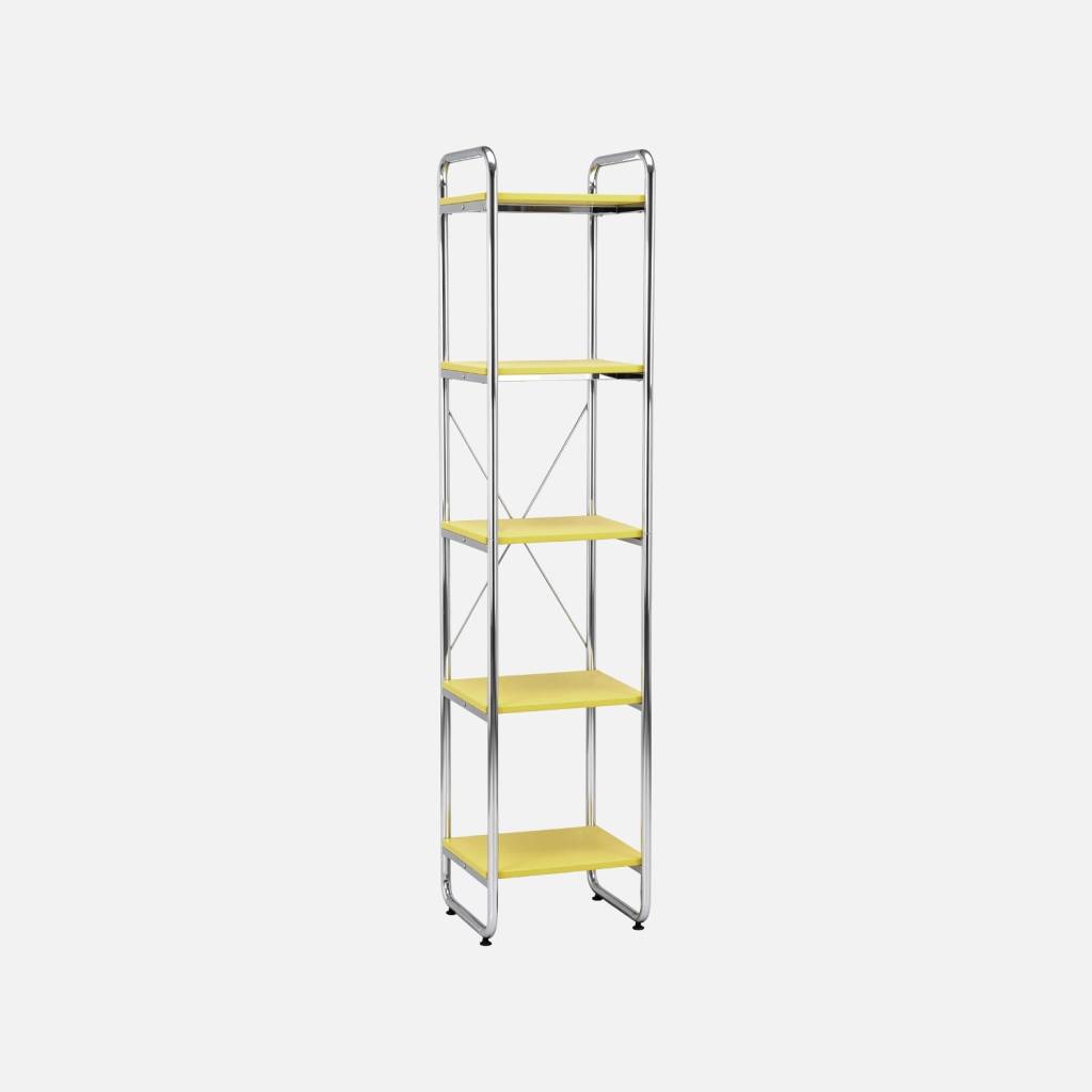Etagère métal chromé et décor bois 5 niveaux jaune