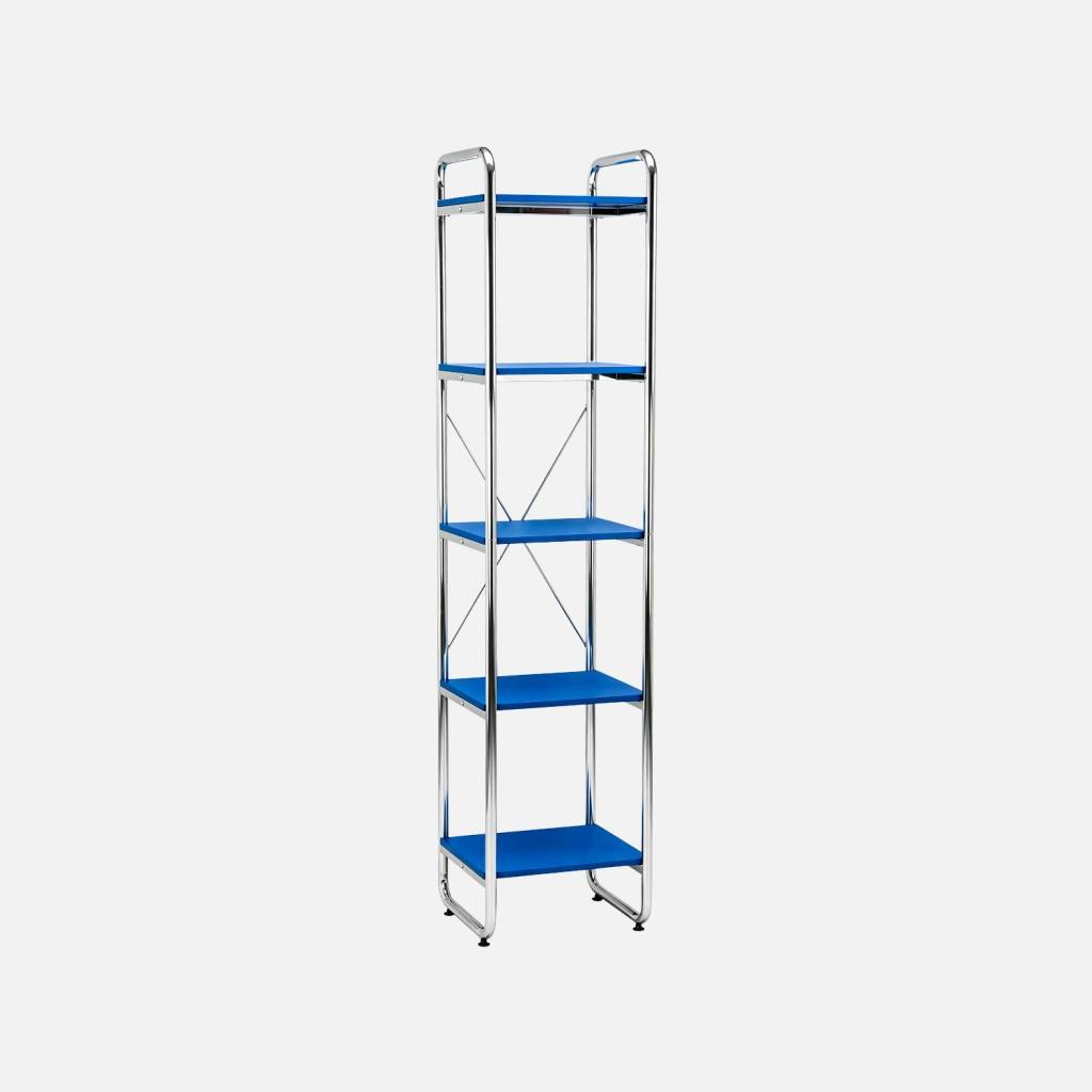 Etagère métal chromé et décor bois 5 niveaux bleu foncé