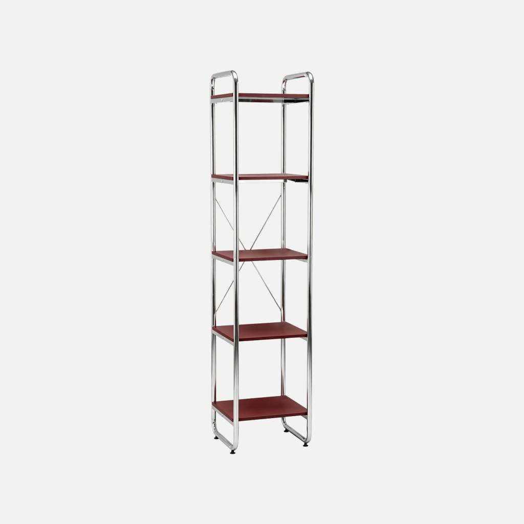 Etagère métal chromé et décor bois 5 niveaux bordeaux