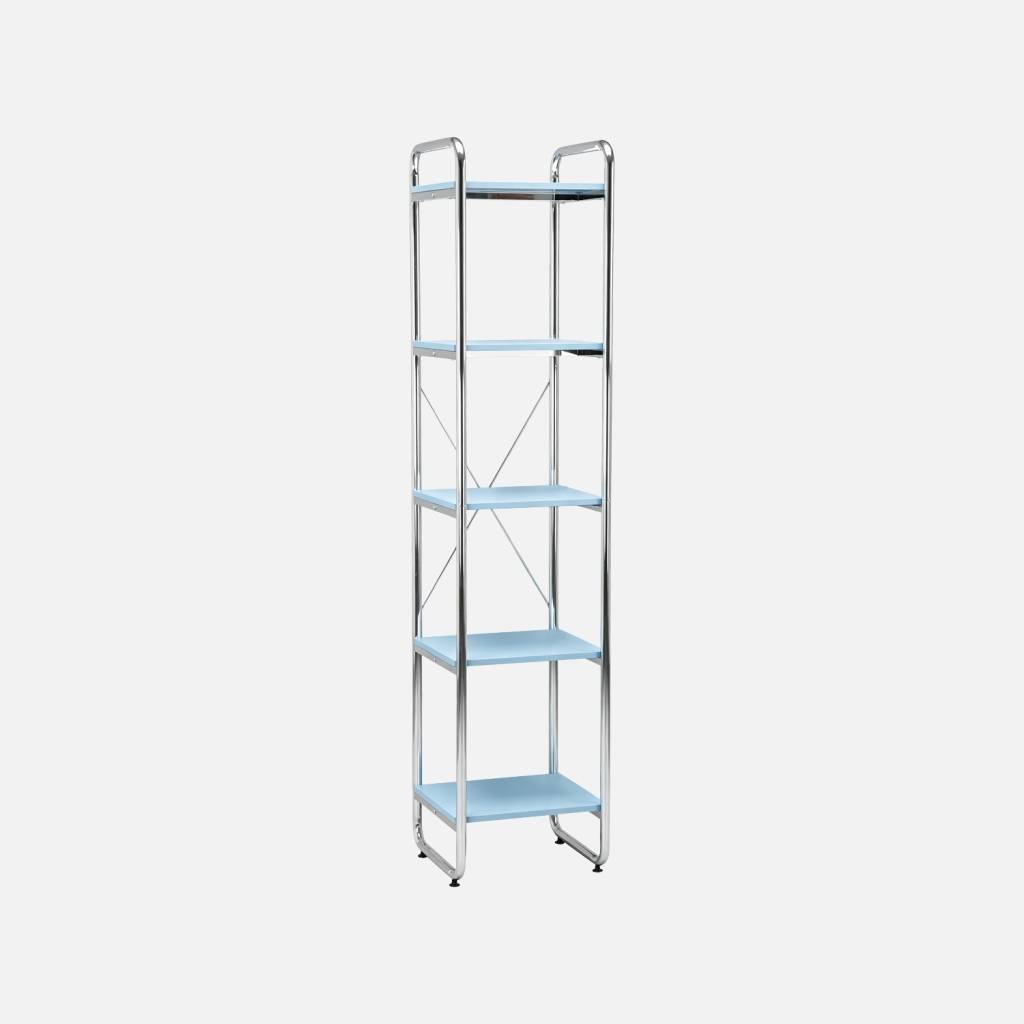 Etagère métal chromé et décor bois 5 niveaux bleu clair
