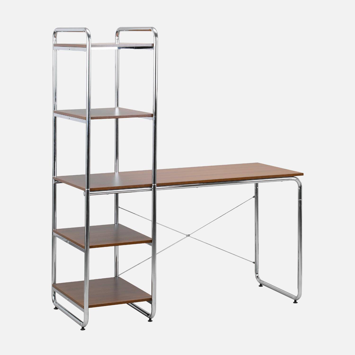 Bureau décor bois et acier chromé avec étagères intégrées noyer - Lennox Photo1