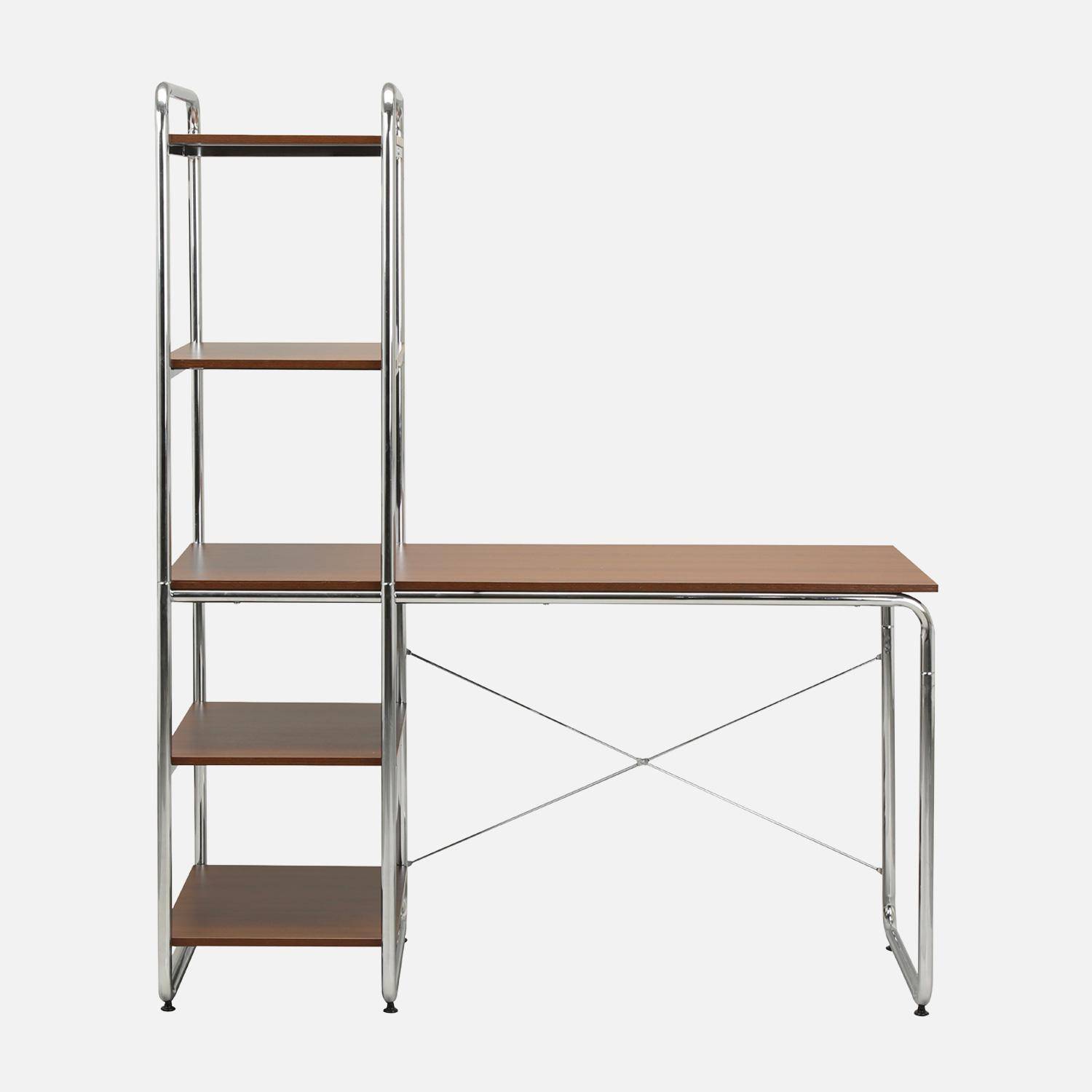 Bureau décor bois et acier chromé avec étagères intégrées noyer - Lennox Photo2