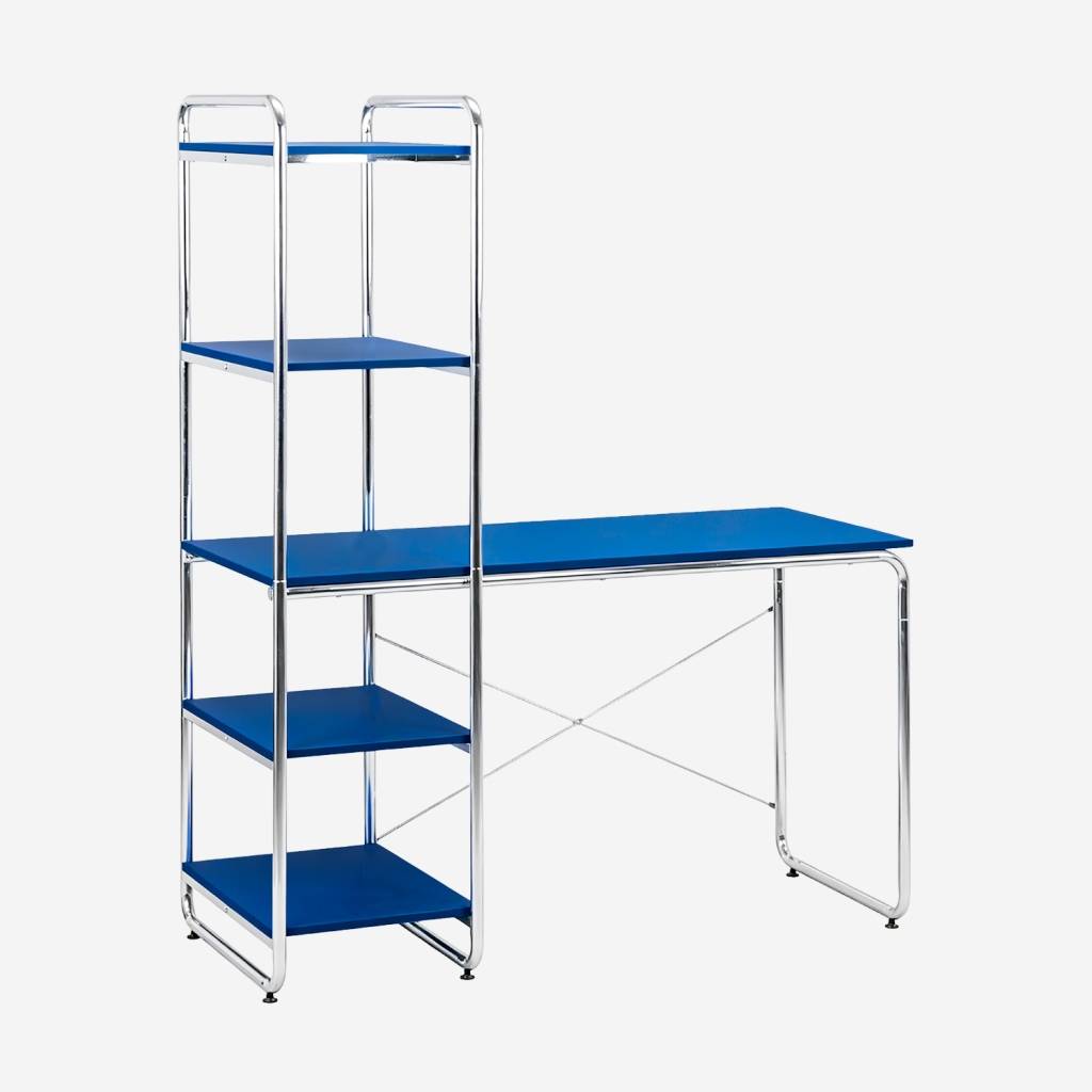 Bureau décor bois et acier chromé étagères intégrées bleu foncé