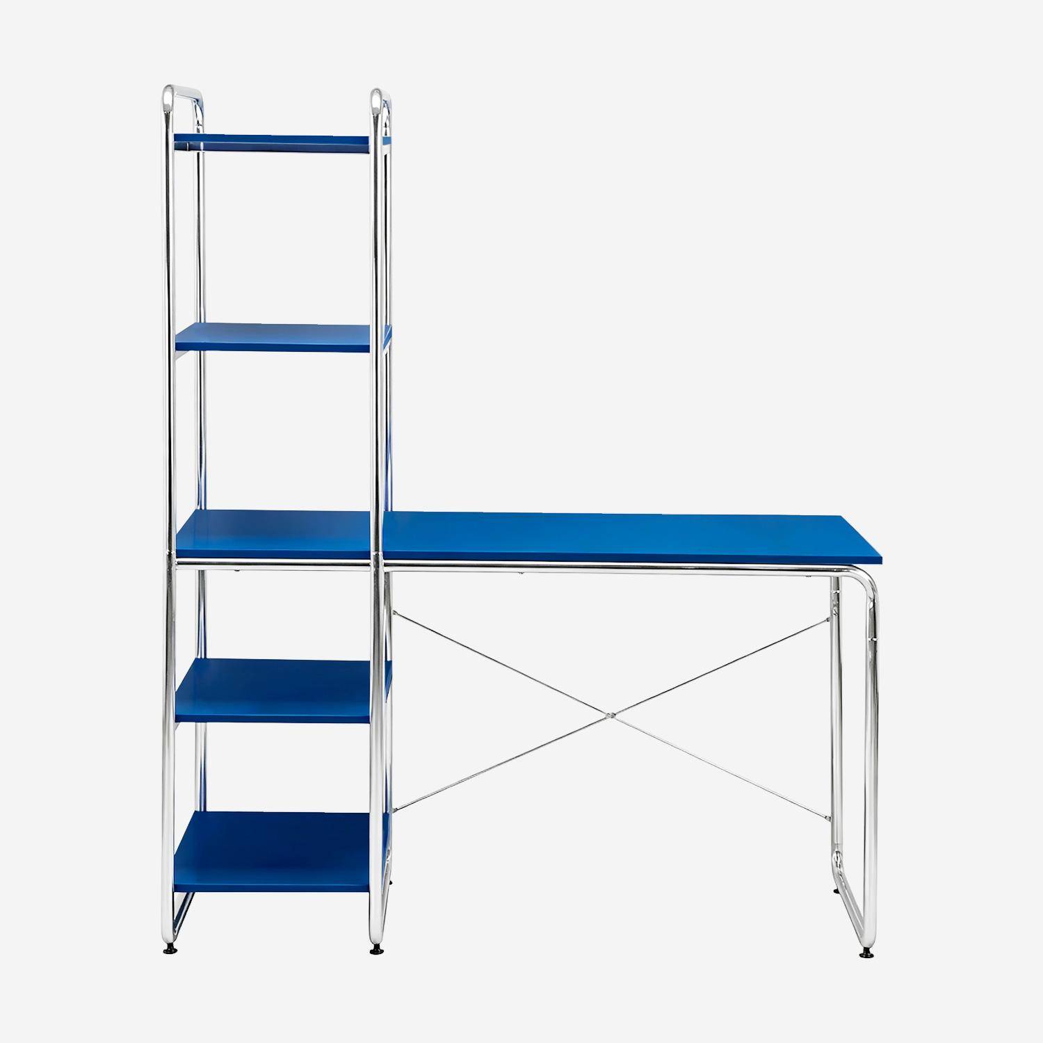 Bureau décor bois et acier chromé avec étagères intégrées bleu foncé - Lennox,sweeek,Photo2