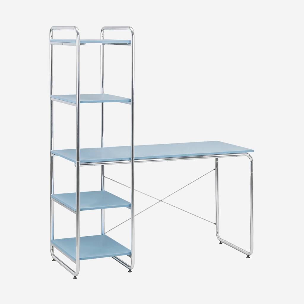 Bureau décor bois et acier chromé étagères intégrées bleu clair
