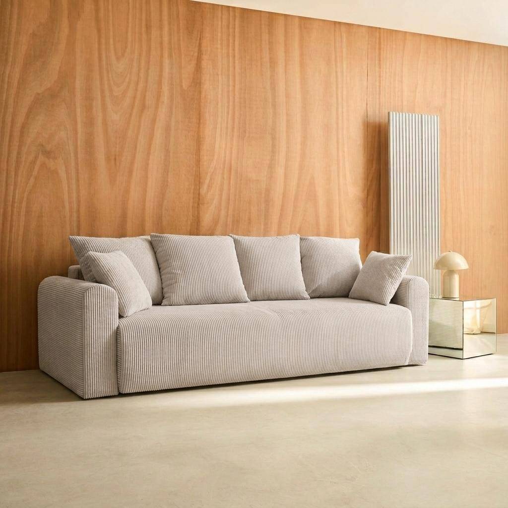 Divano letto in velluto a coste con contenitore, 3 posti, Almo in velluto a coste, Beige grigio, 230x95x85 cm Photo2