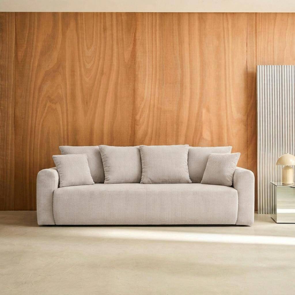 Divano letto in velluto a coste con contenitore, 3 posti, Almo in velluto a coste, Beige grigio, 230x95x85 cm Photo1