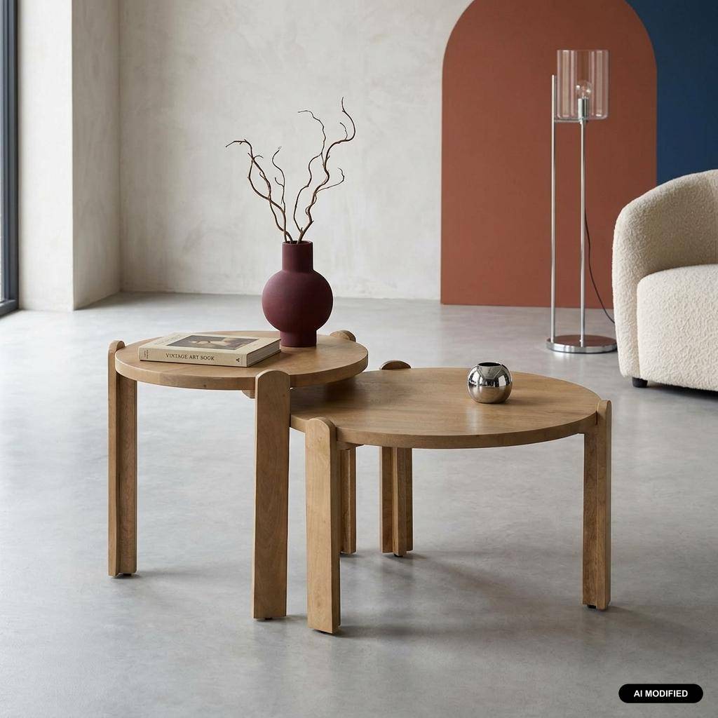 Set de 2 tables basses rondes bois de manguier naturel - Pallavi Photo1