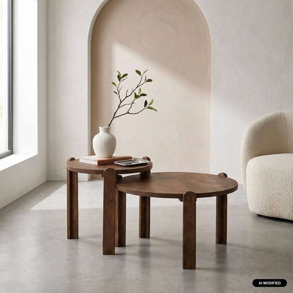Set de 2 tables basses rondes bois de manguier noyer - Pallavi Photo1