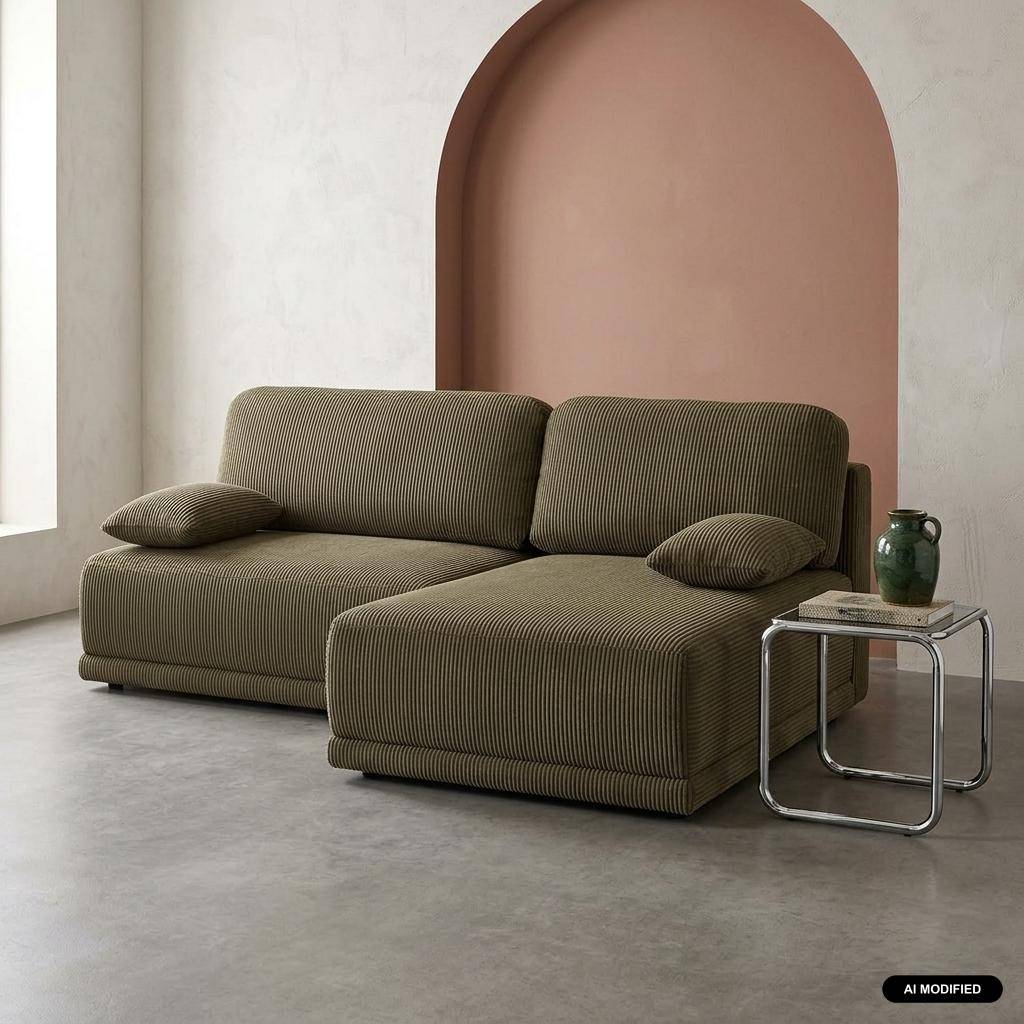Banquette canapé d'angle droit convertible 3 places velours côtelé avec coffre kaki - Nelson Photo1