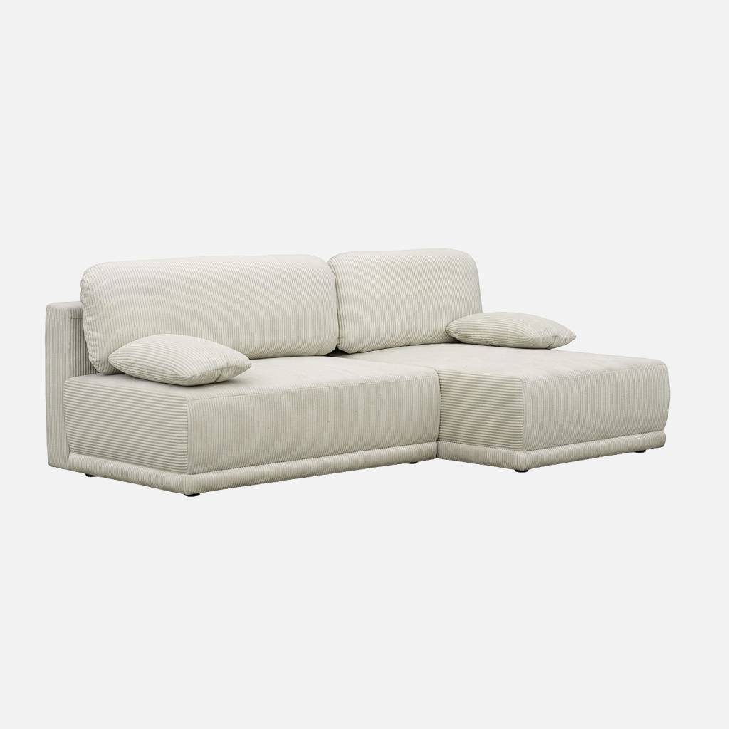 Sofá-cama de canto direito em veludo canelado com baú, 3 lugares, Bege cinzento