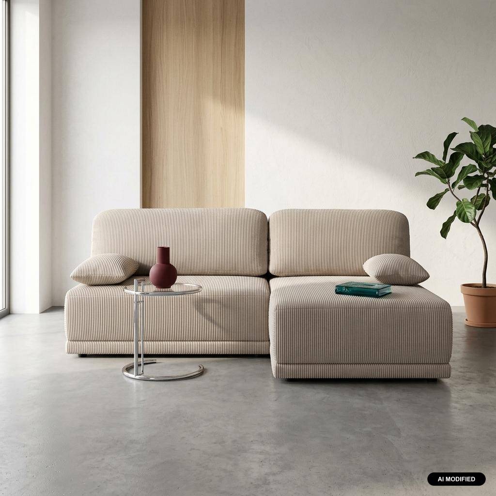 Banquette canapé d'angle droit convertible 3 places velours côtelé avec coffre taupe - Nelson Photo1