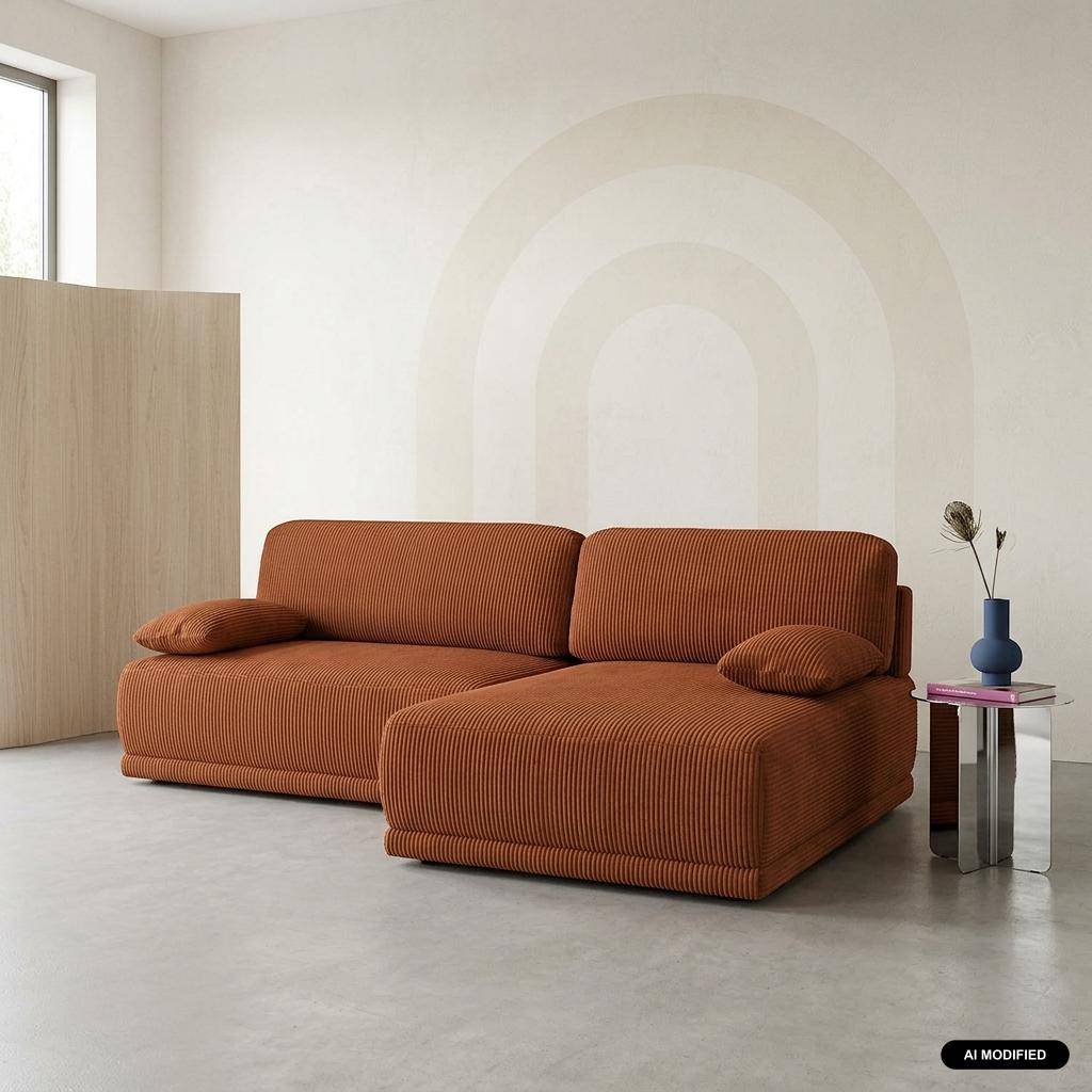 Banquette canapé d'angle droit convertible 3 places velours côtelé avec coffre brique - Nelson,sweeek,Photo1