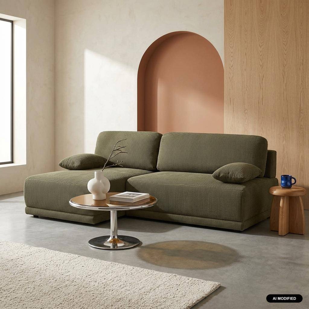 Banquette canapé d'angle gauche convertible 3 places velours côtelé avec coffre kaki - Nelson Photo1
