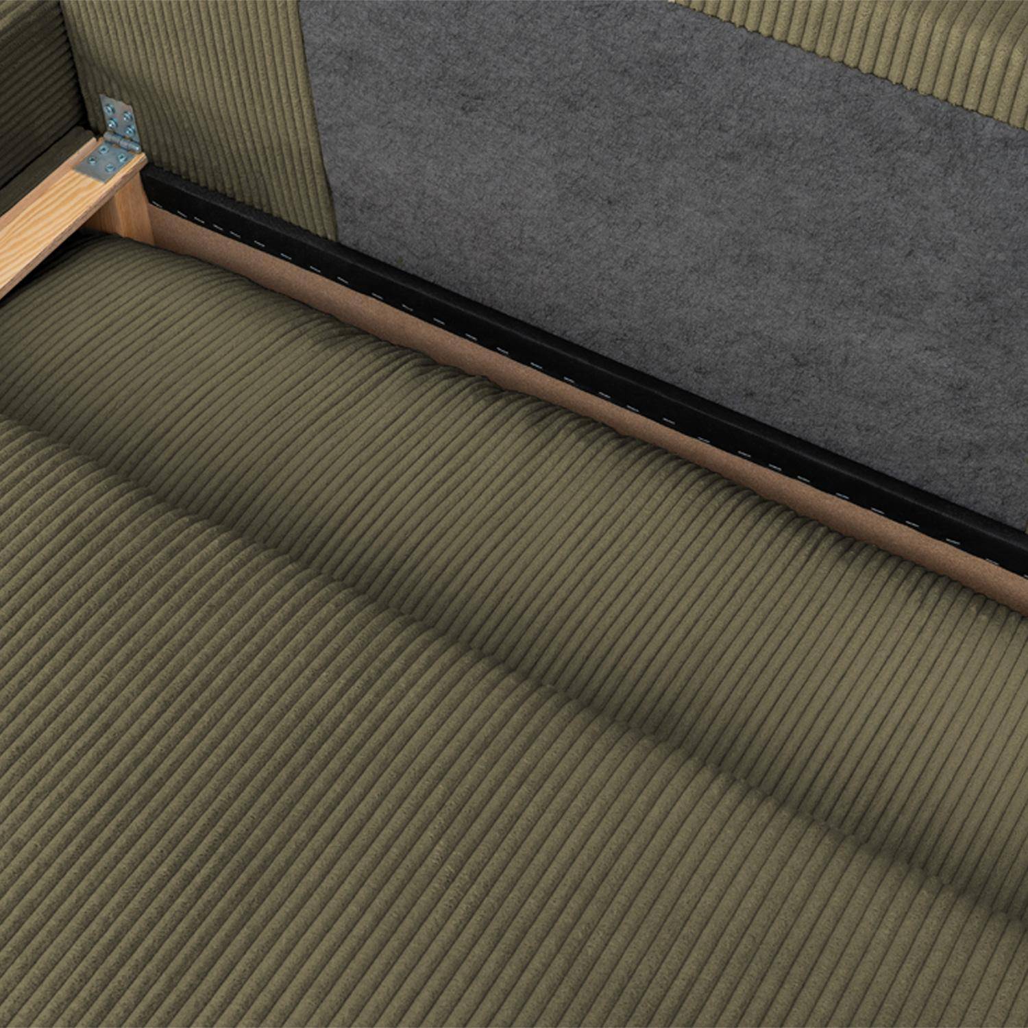 Banquette canapé d'angle gauche convertible 3 places velours côtelé avec coffre kaki - Nelson Photo6