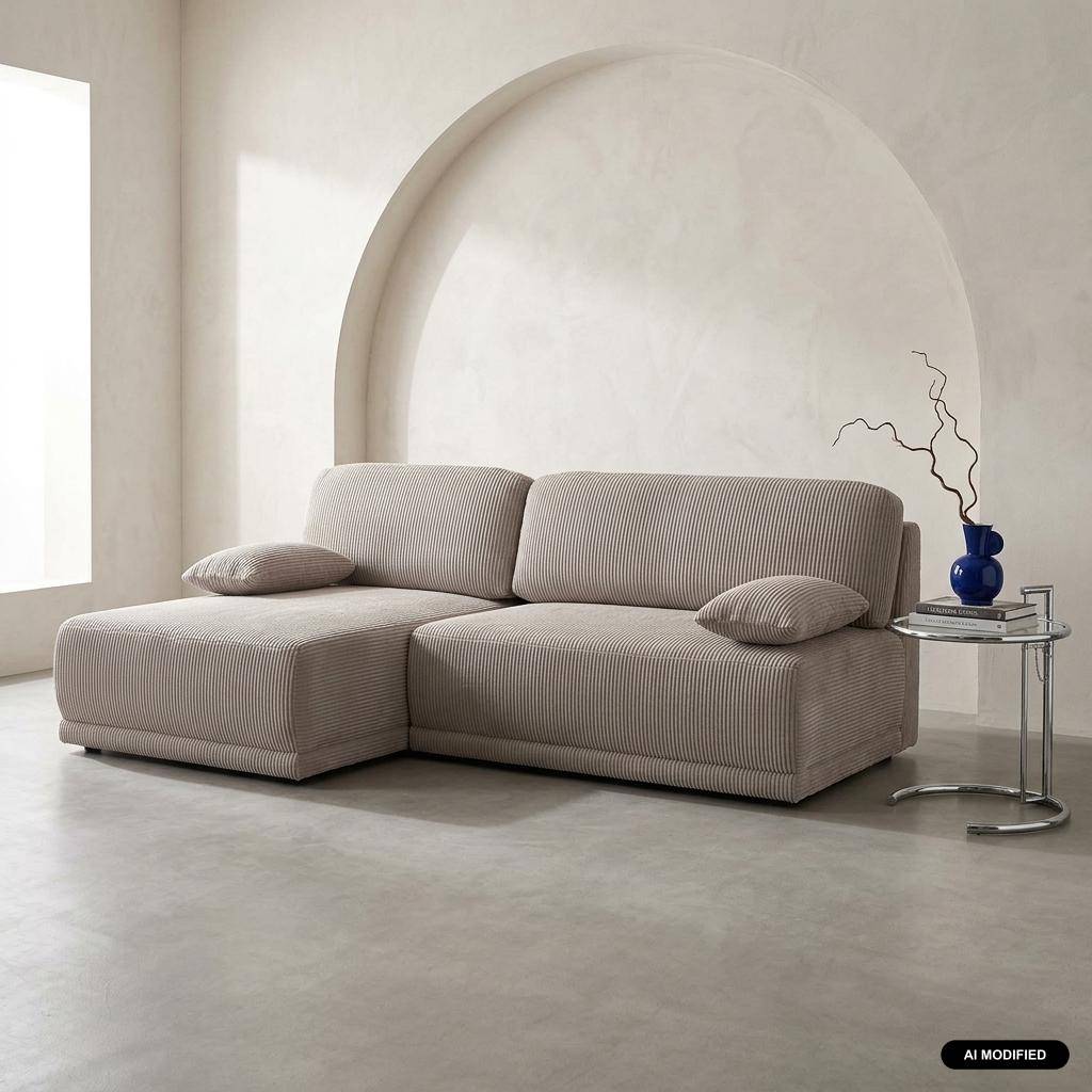 Banquette canapé d'angle gauche convertible 3 places velours côtelé avec coffre taupe - Nelson Photo1