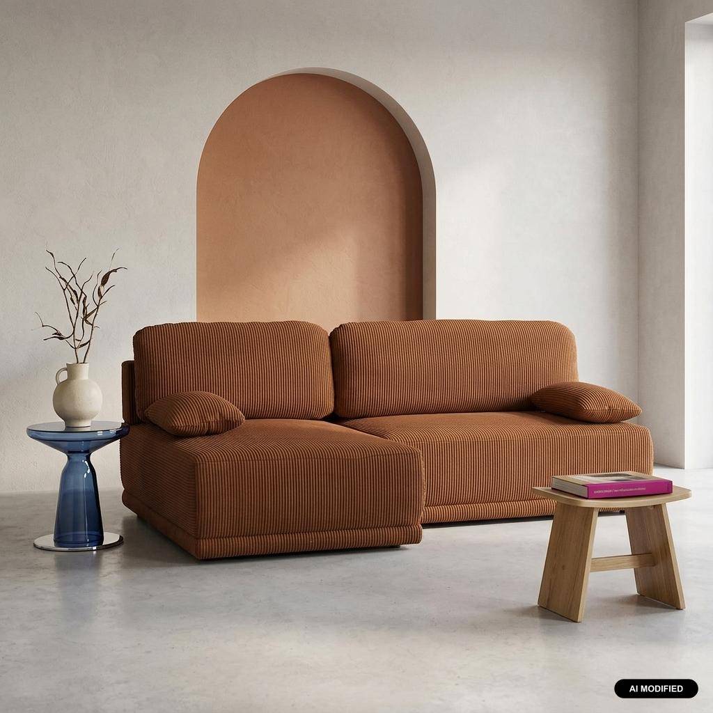 Banquette canapé d'angle gauche convertible 3 places velours côtelé avec coffre brique - Nelson Photo1