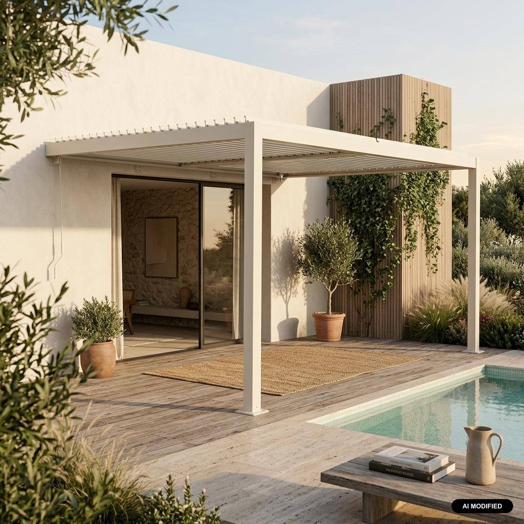 Pérgola bioclimática de alumínio adossada com lâminas orientáveis 3x4m, Palace 3x4m + encostada, Bege, 388x292x224 cm Photo1