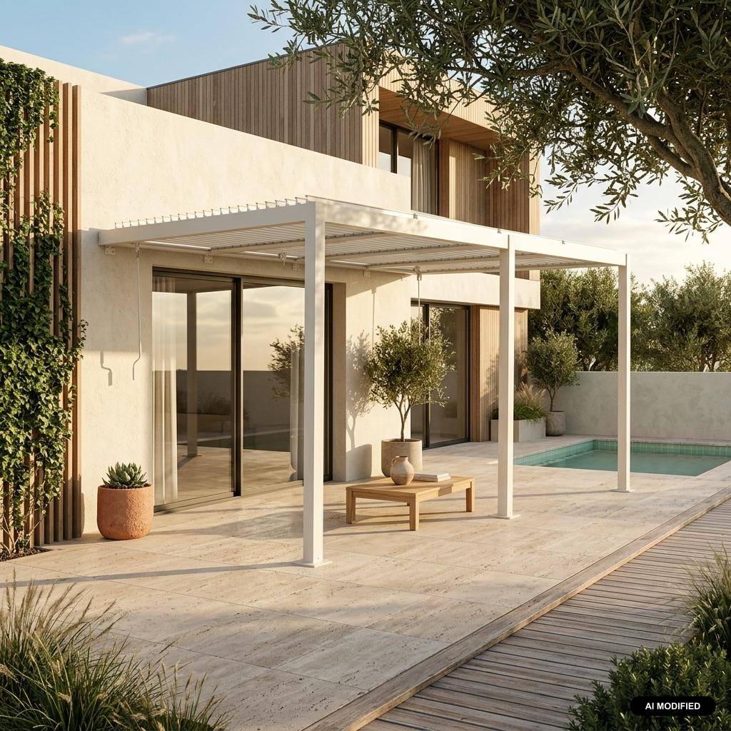 Pergola bioclimatique aluminium adossée lames orientables 5x3m beige Palace Photo1