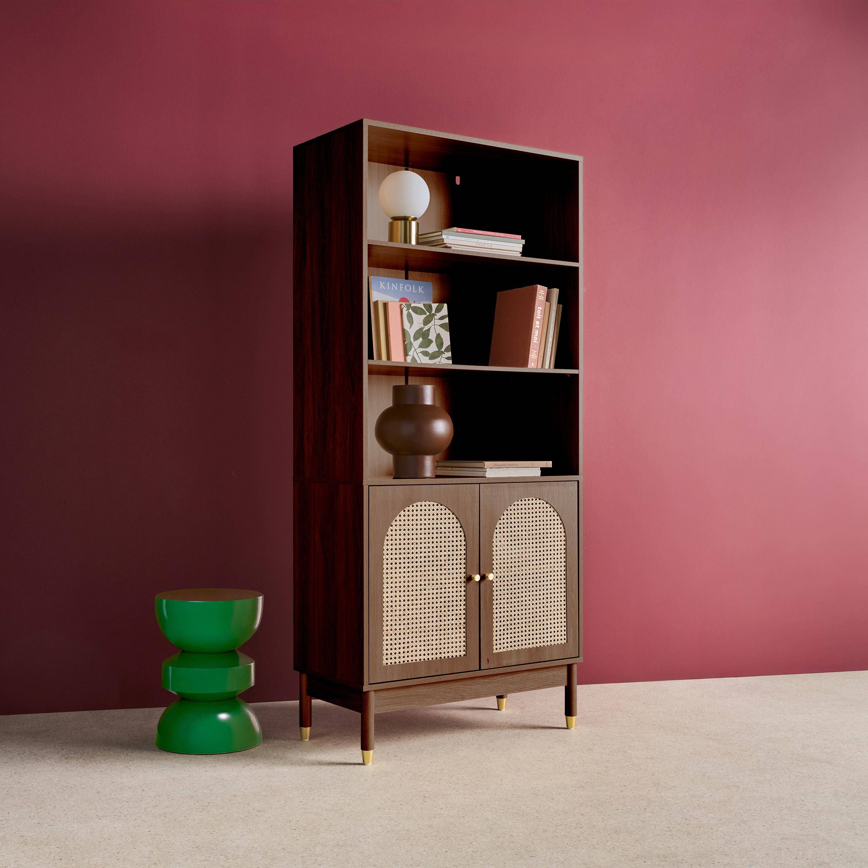 Libreria in legno e cannucciato con 2 ante a 4 livelli, Judith, Noce, 80x40x178 cm Photo2