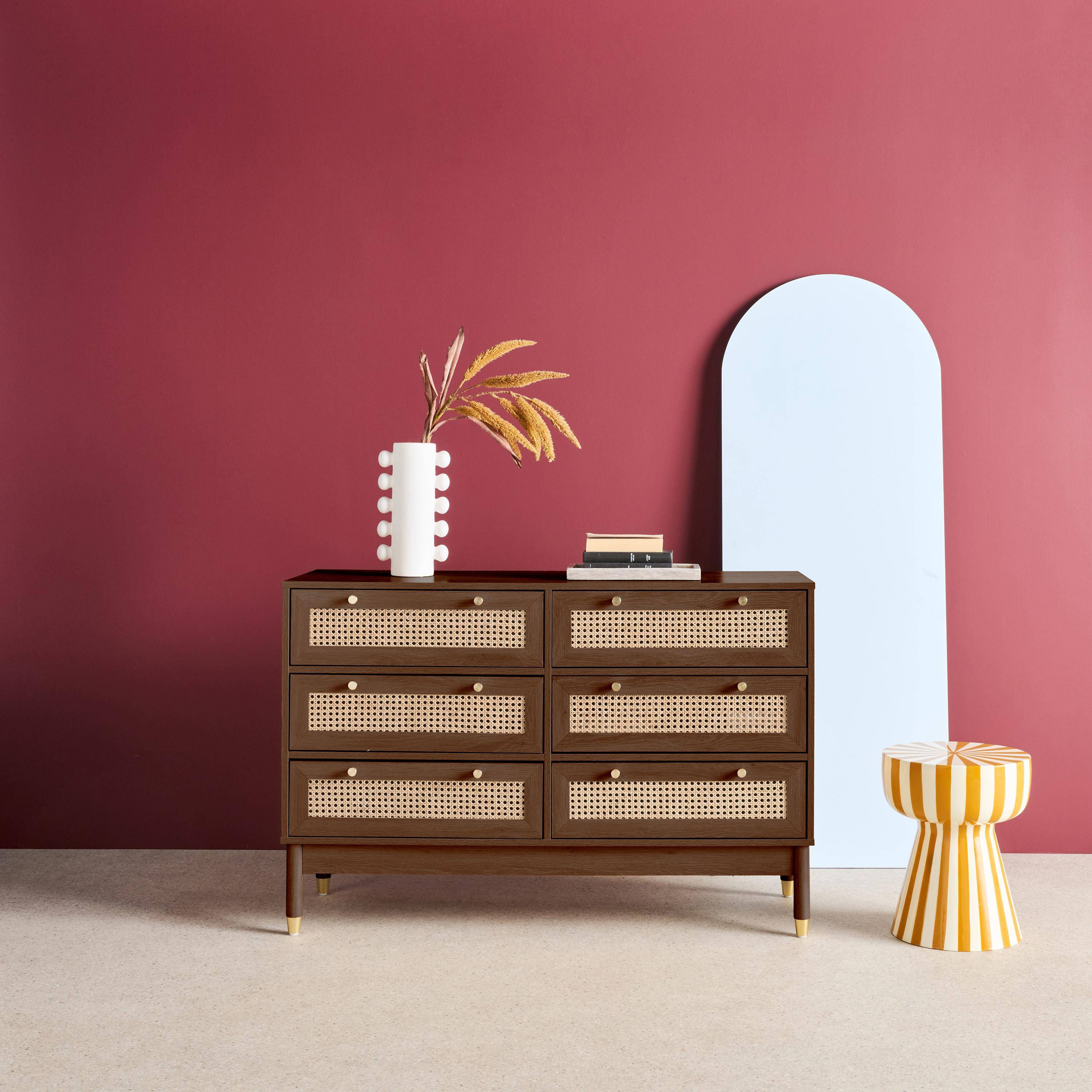 Cassettiera decorativa legno e rattan 6 cassetti, Judith, Noce, 120x40x80 cm,sweeek,Photo1