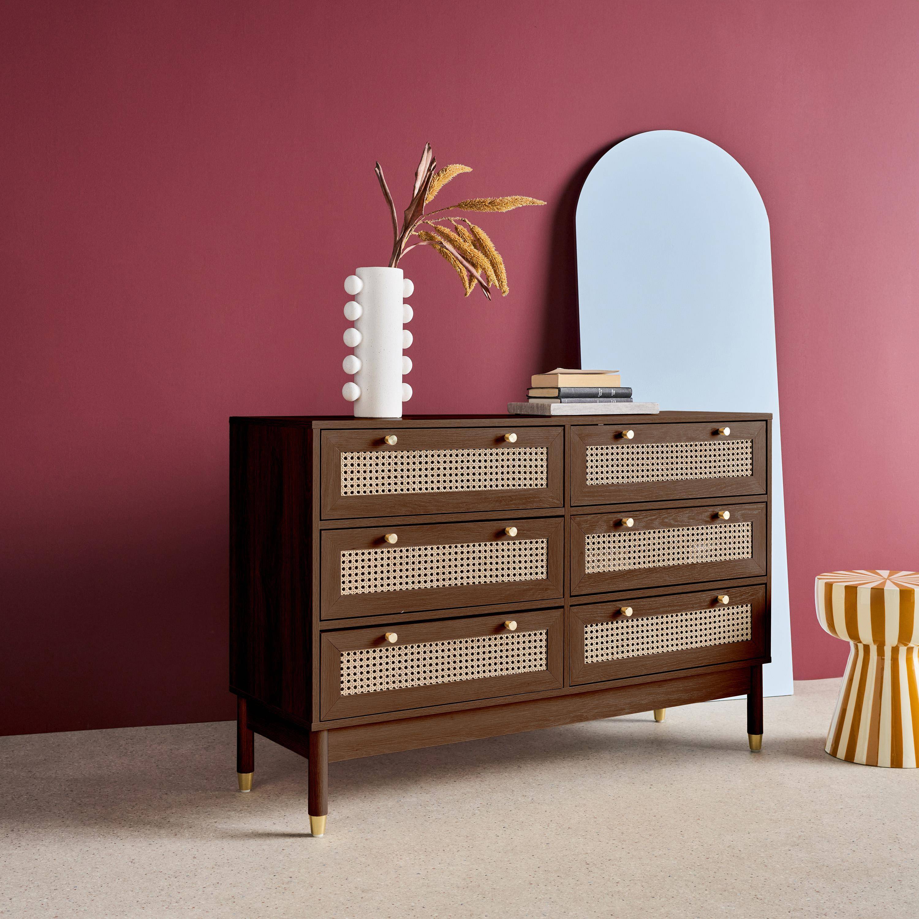 Cassettiera decorativa legno e rattan 6 cassetti, Judith, Noce, 120x40x80 cm Photo2