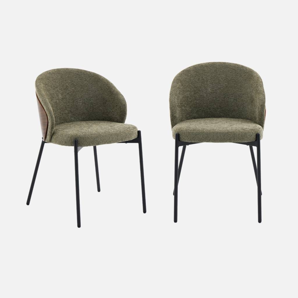 2 chaises bois, acier noir et tissu texturé kaki