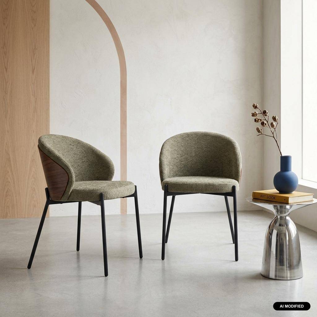 Lot de 2 chaises bois de peuplier teinté noyer, acier noir et tissu texturé kaki - Paul Photo1