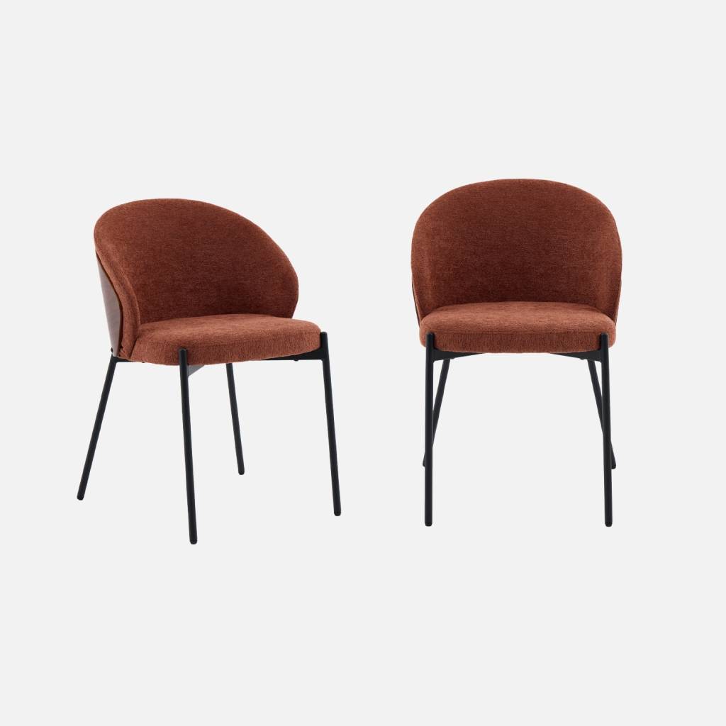 2 chaises bois, acier noir et tissu texturé terracotta