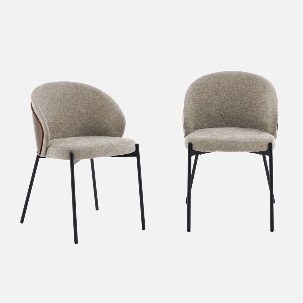 2 chaises bois, acier noir et tissu texturé taupe