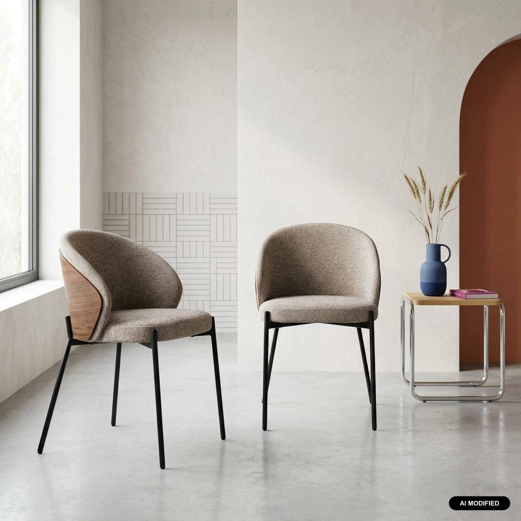 Lot de 2 chaises bois de peuplier teinté noyer, acier noir et tissu texturé taupe - Paul Photo1
