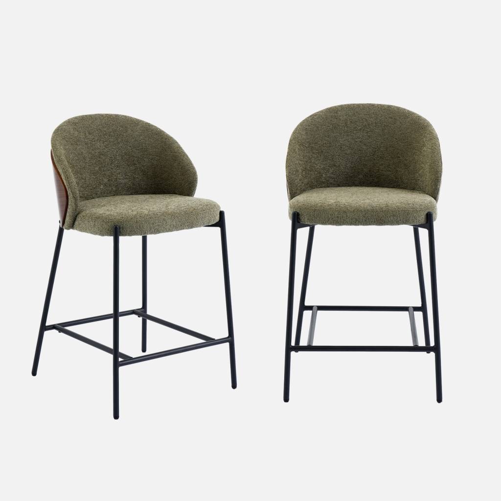 2 tabourets de bar bois, acier noir et tissu texturé kaki