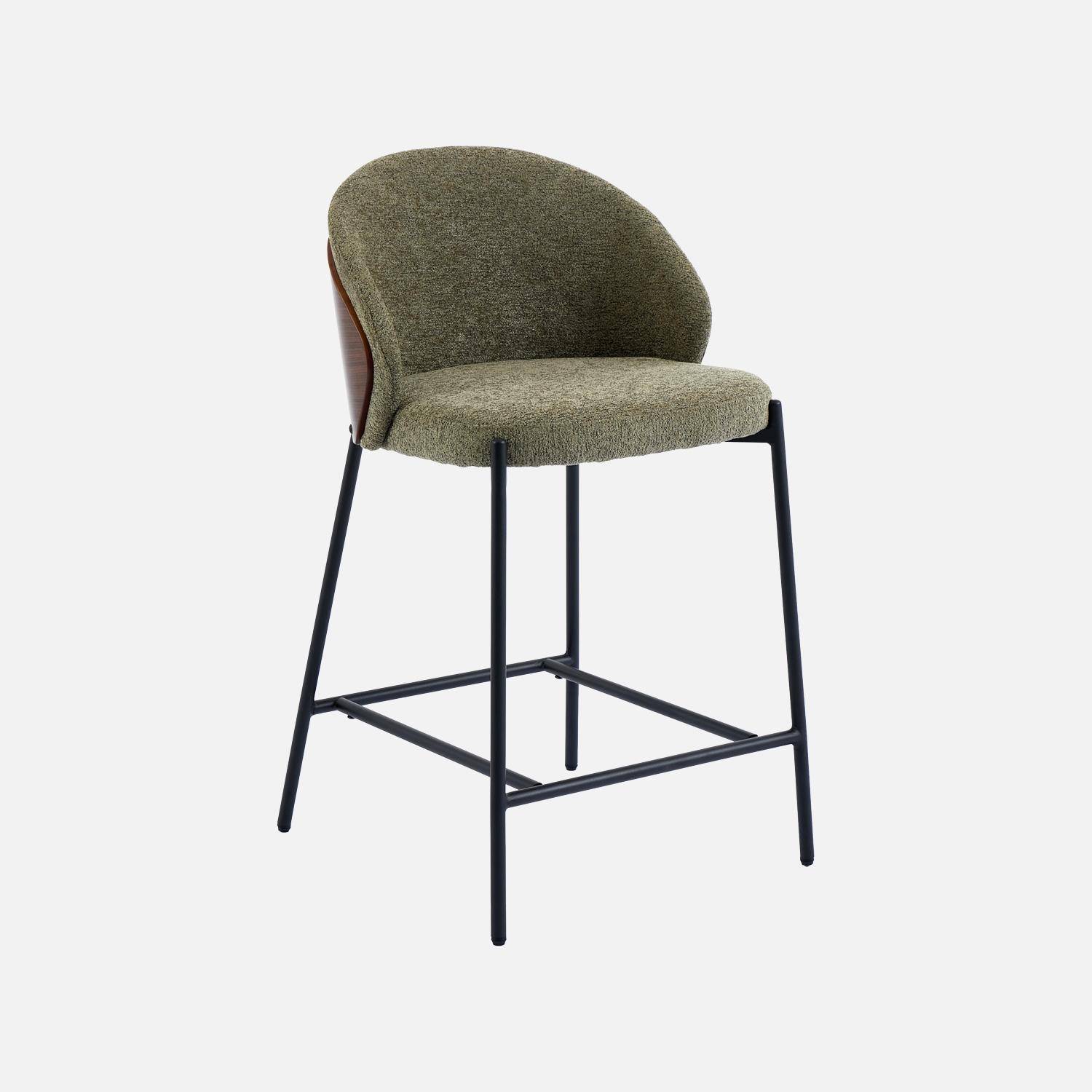 Lot de 2 tabourets de bar bois de peuplier teinté noyer, acier noir et tissu texturé kaki - Paul Photo3
