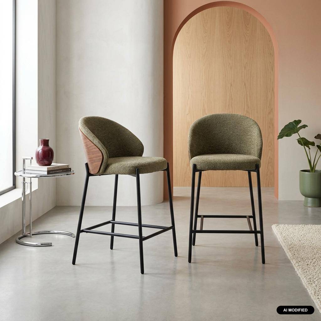 Lot de 2 tabourets de bar bois de peuplier teinté noyer, acier noir et tissu texturé kaki - Paul Photo1