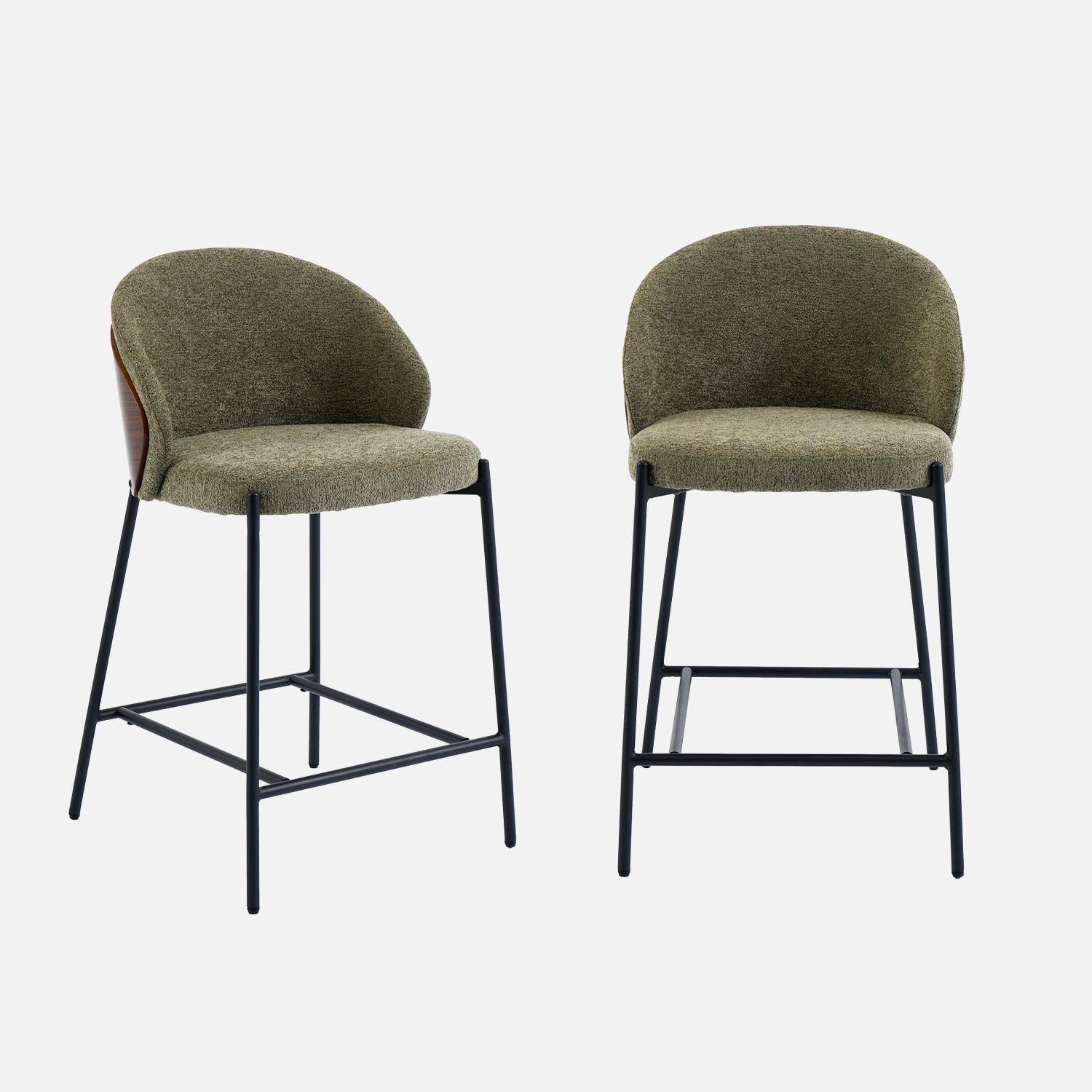 Lot de 2 tabourets de bar bois de peuplier teinté noyer, acier noir et tissu texturé kaki - Paul Photo2