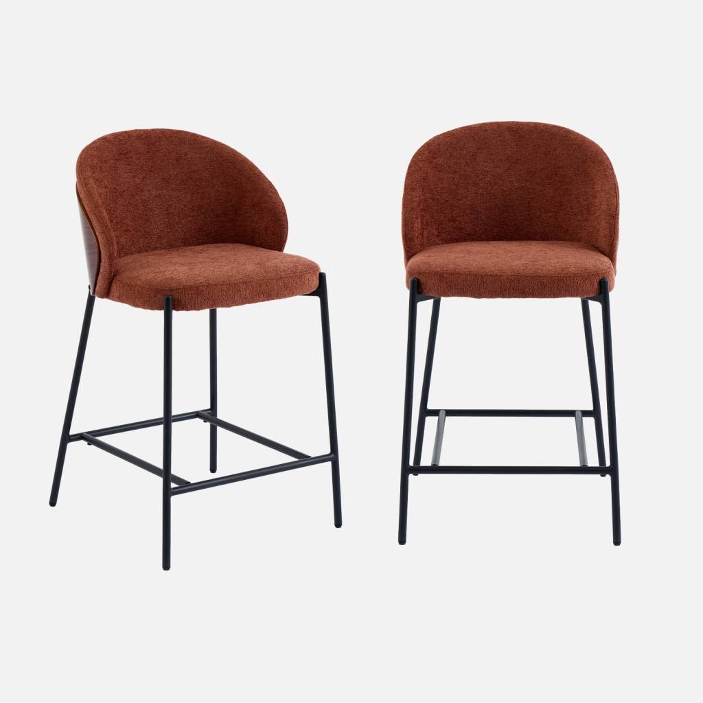 2 tabourets de bar bois, acier noir et tissu texturé terracotta