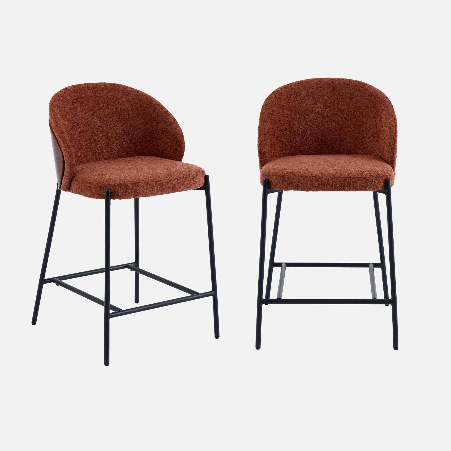 Lot de 2 tabourets de bar bois de peuplier teinté noyer, acier noir et tissu texturé terracotta - Paul Photo2