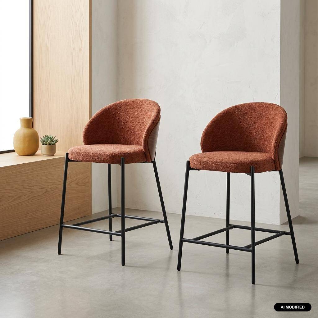 Lot de 2 tabourets de bar bois de peuplier teinté noyer, acier noir et tissu texturé terracotta - Paul Photo1