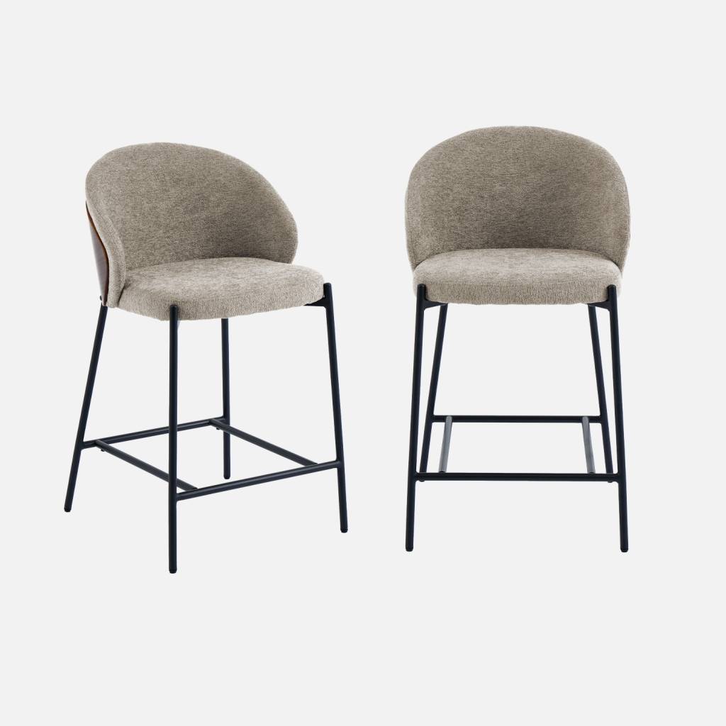 2 tabourets de bar bois, acier noir et tissu texturé taupe