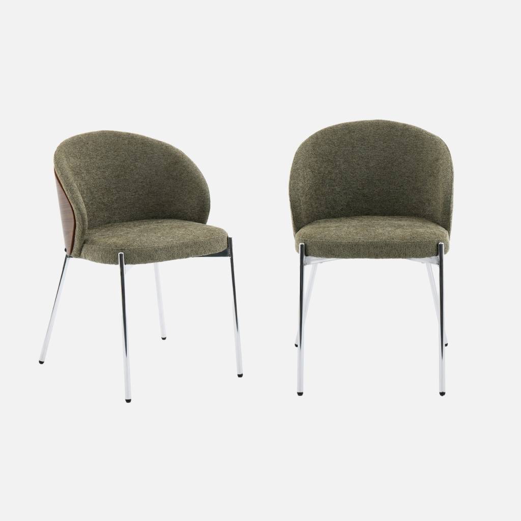 2 chaises bois, acier chromé et tissu texturé kaki - Paul