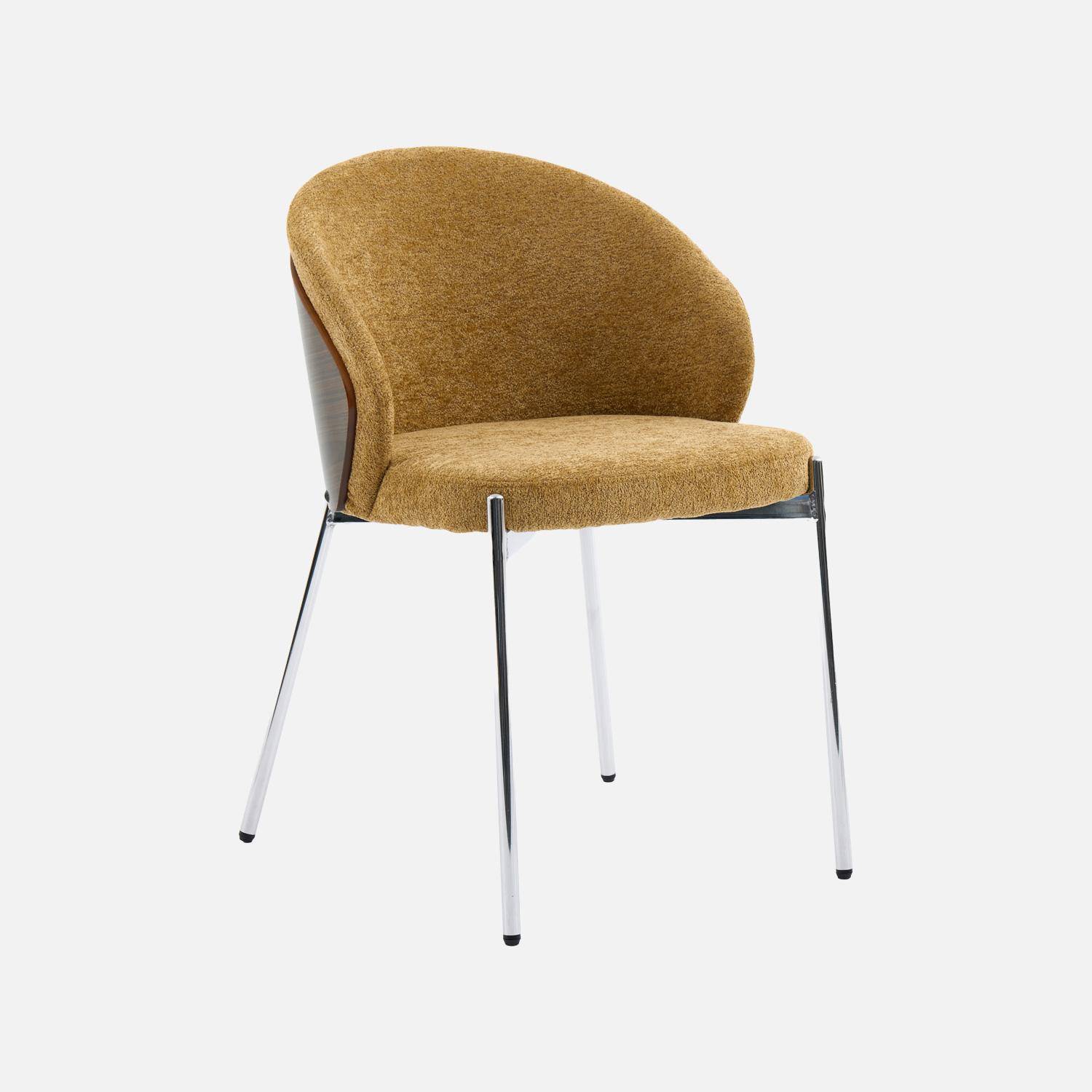 Lot de 2 chaises bois de peuplier teinté noyer, acier chromé et tissu texturé moutarde - Paul Photo3
