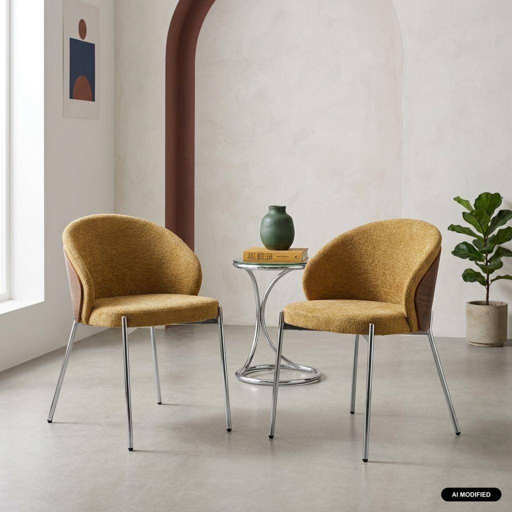 Lot de 2 chaises bois de peuplier teinté noyer, acier chromé et tissu texturé moutarde - Paul Photo1