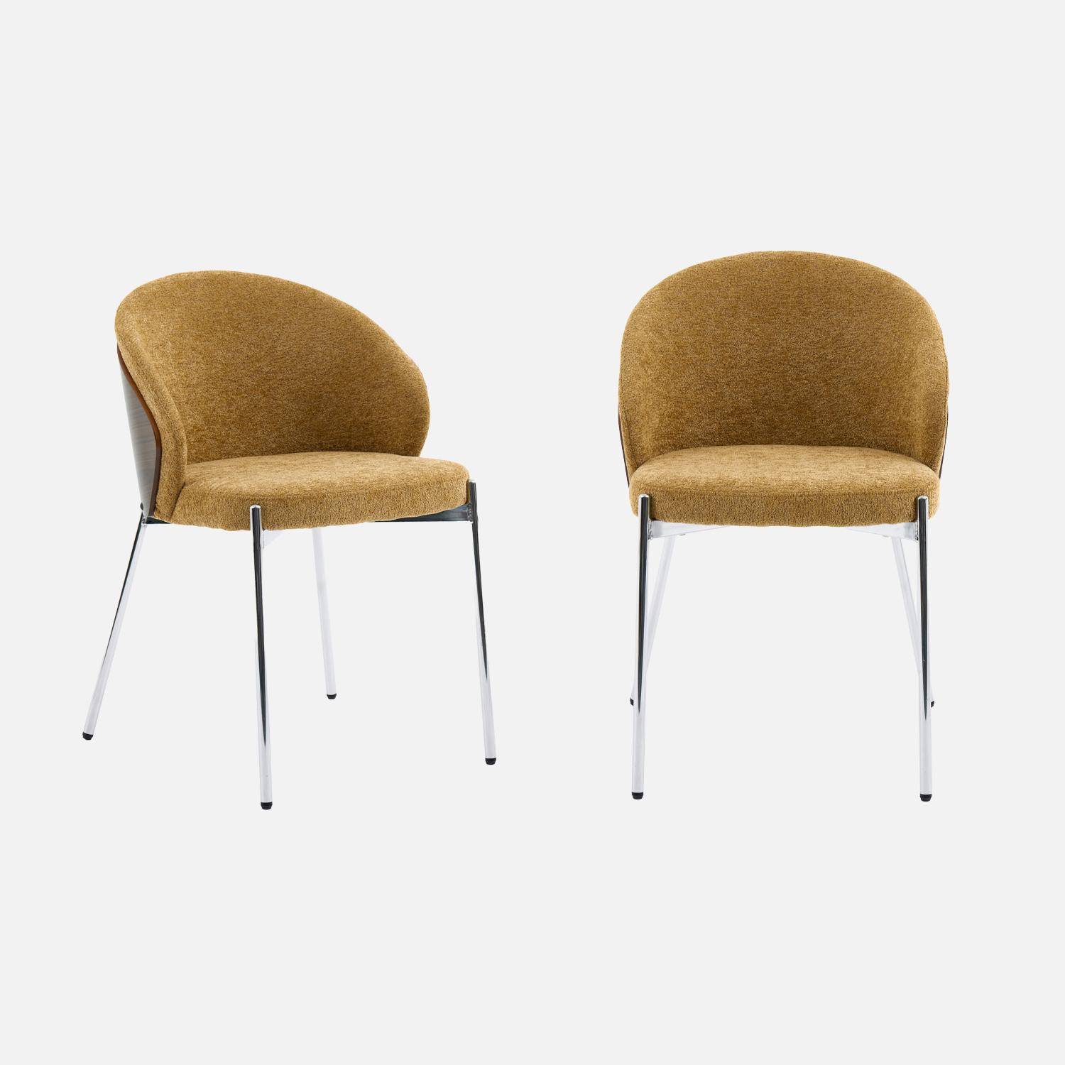 Lot de 2 chaises bois de peuplier teinté noyer, acier chromé et tissu texturé moutarde - Paul Photo2