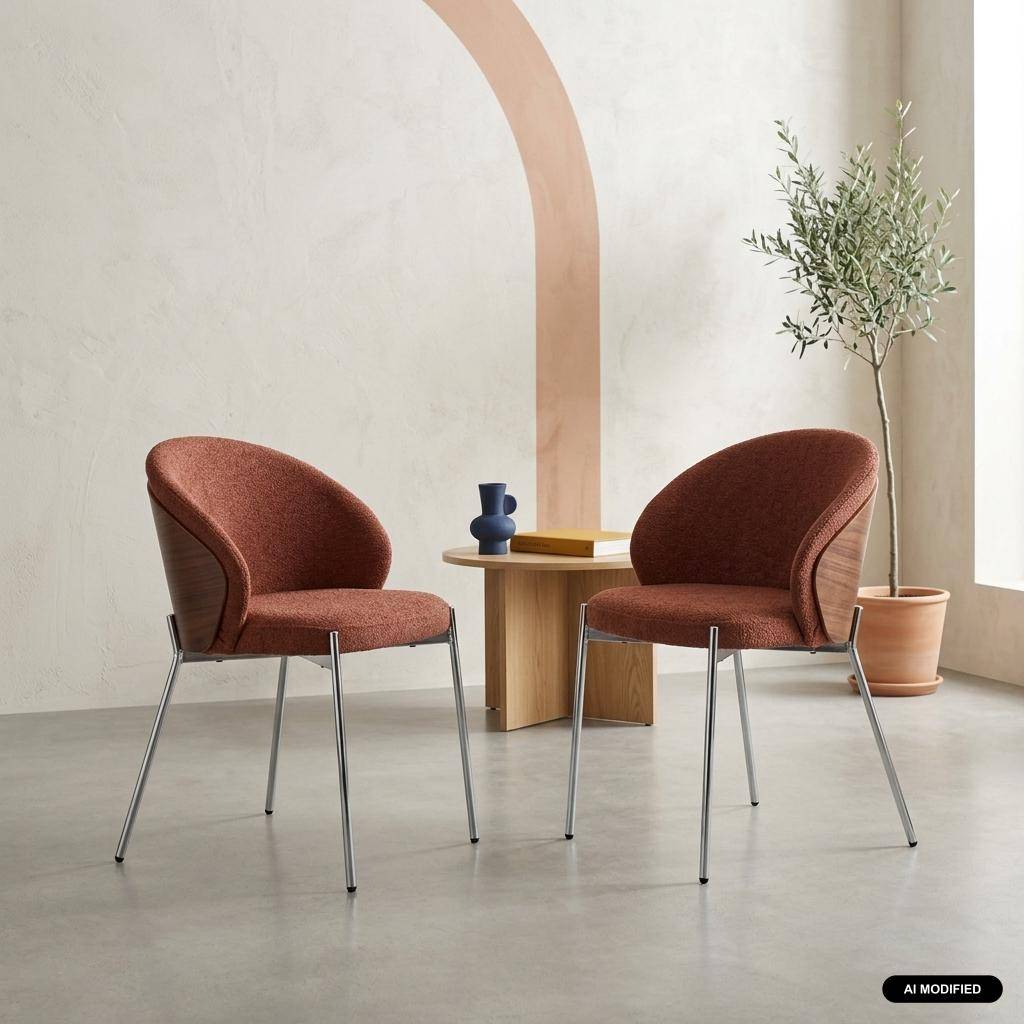 Silla de madera de álamo teñida de nogal, acero y tejido texturizado, set de 2, Paul, Terracotta, 52x54x79 cm Photo1