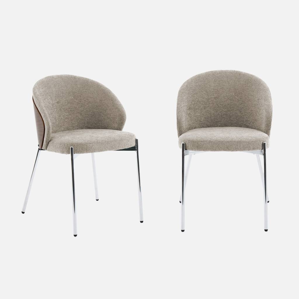 2 chaises bois, acier chromé et tissu texturé taupe - Paul