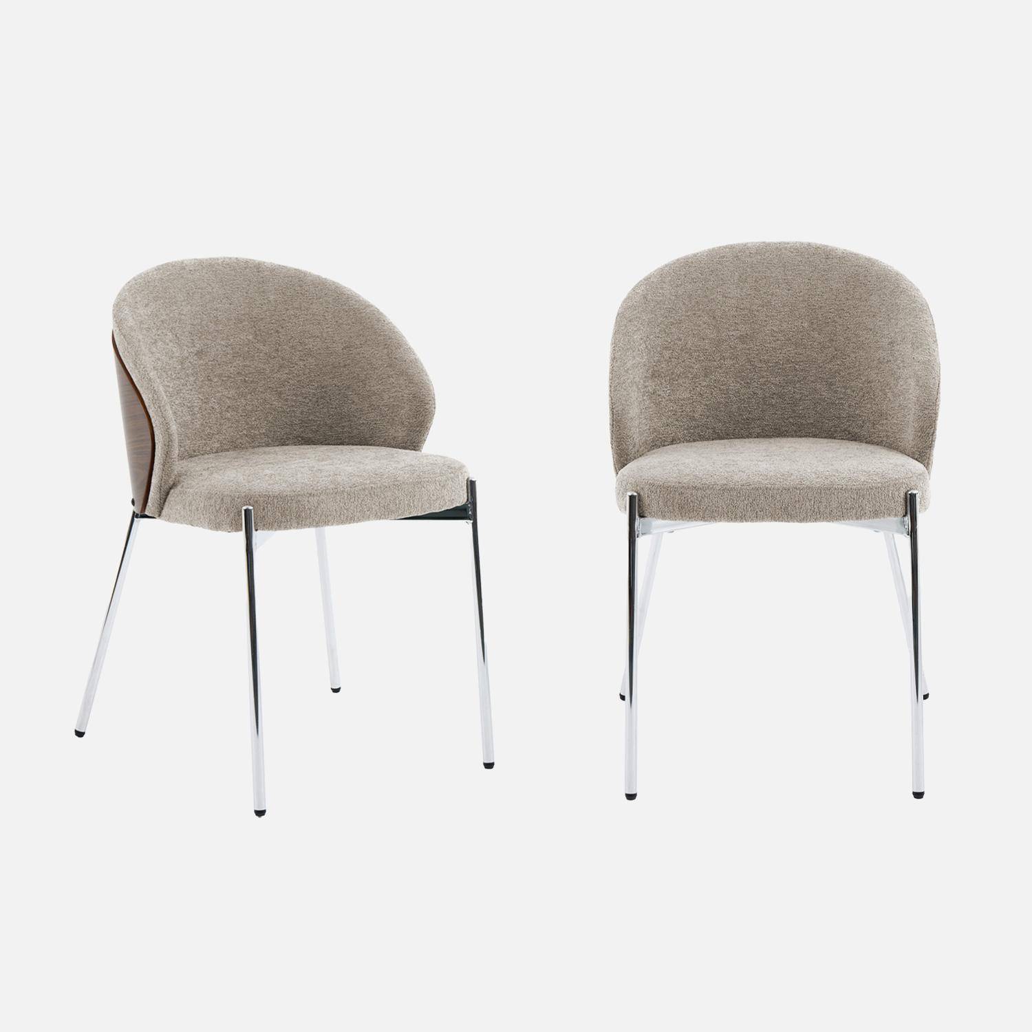 Lot de 2 chaises bois de peuplier teinté noyer, acier chromé et tissu texturé taupe - Paul Photo2