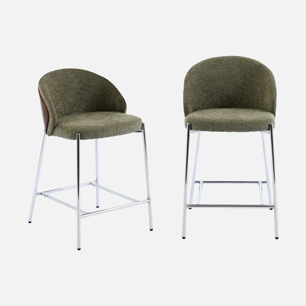 2 tabourets de bar bois, acier chromé et tissu texturé kaki