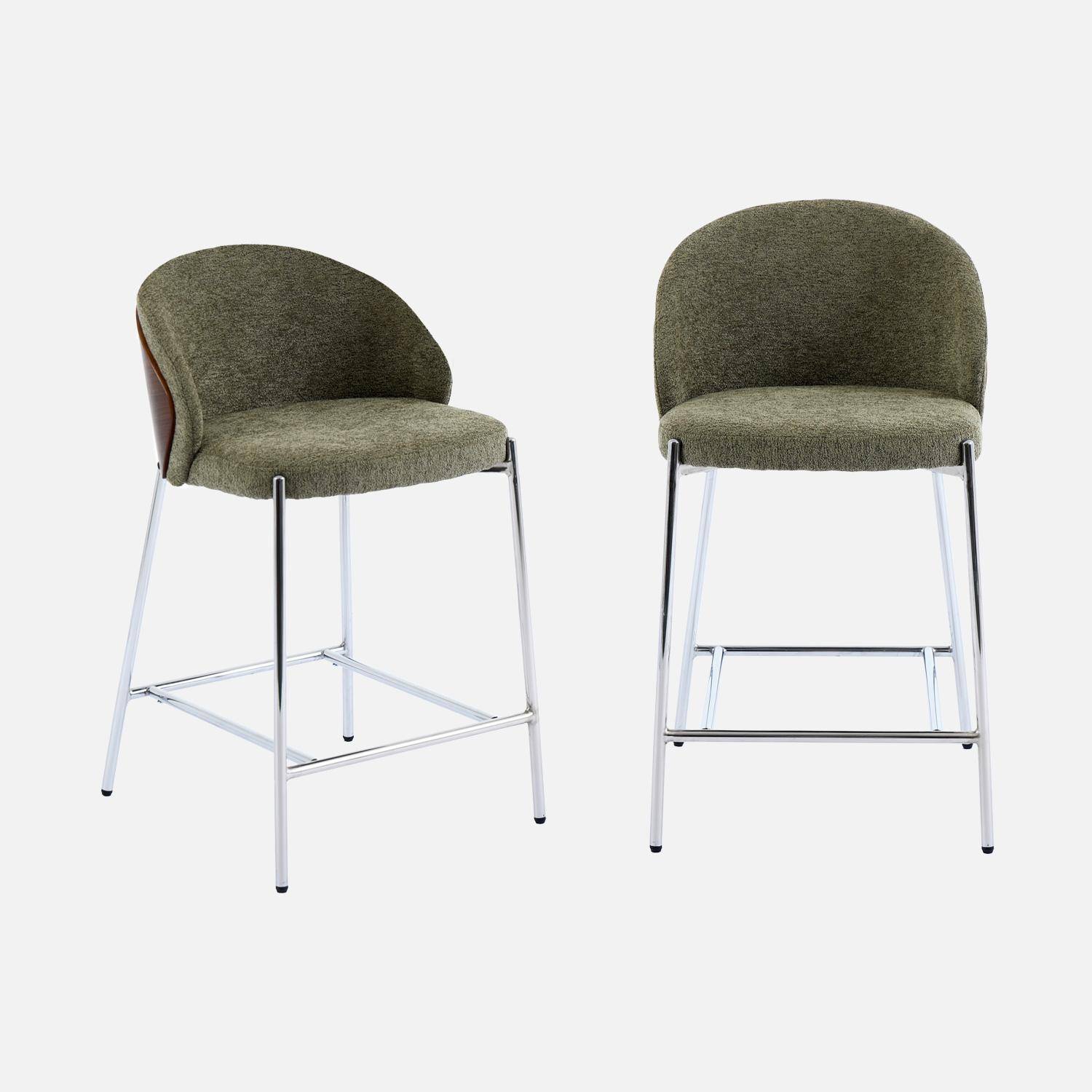 Lot de 2 tabourets de bar bois de peuplier teinté noyer, acier chromé et tissu texturé kaki - Paul Photo2