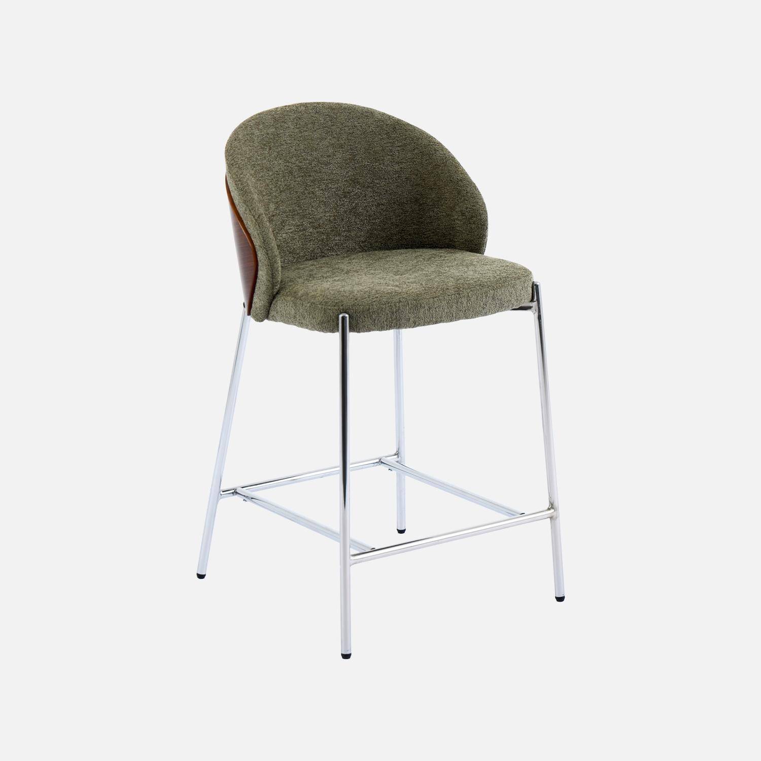 Lot de 2 tabourets de bar bois de peuplier teinté noyer, acier chromé et tissu texturé kaki - Paul Photo3