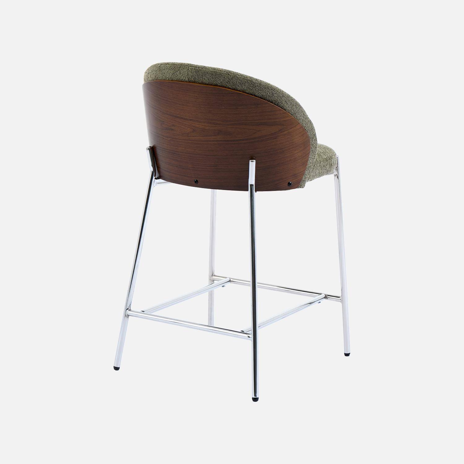 Lot de 2 tabourets de bar bois de peuplier teinté noyer, acier chromé et tissu texturé kaki - Paul Photo5